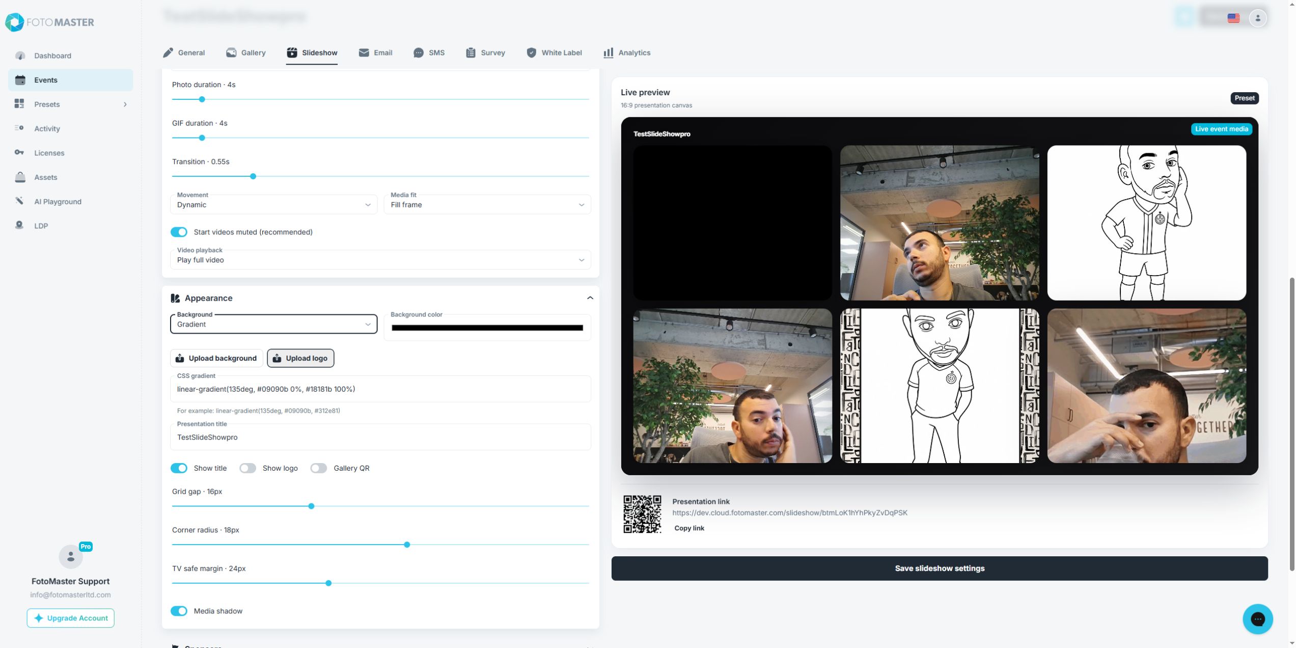Gradient background controls and the matching live preview