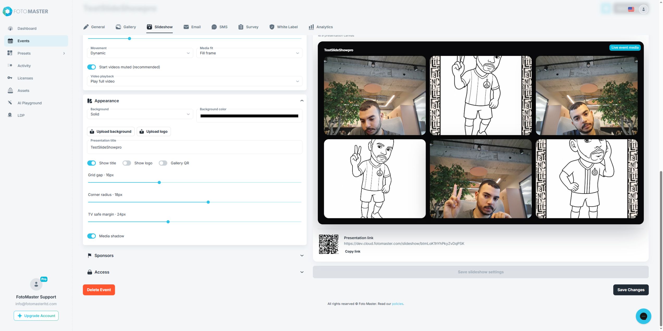 Appearance controls for background, branding, spacing, and the live preview