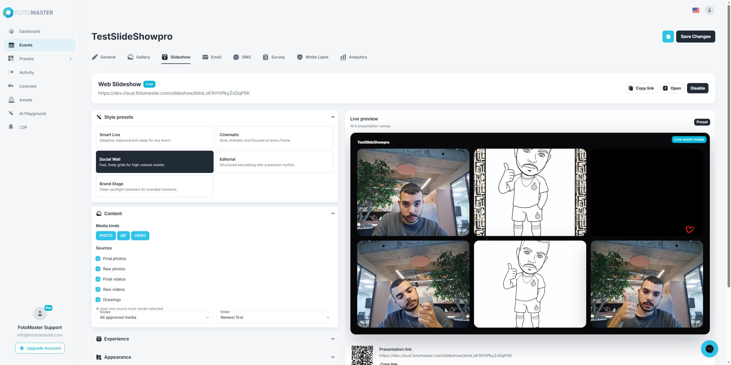 Style presets, media kinds, source filters, and the Pro Slideshow live preview