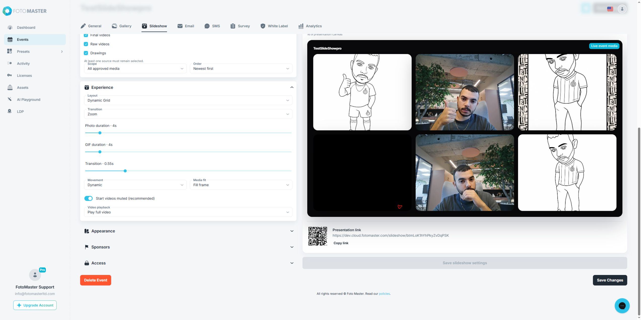 Experience settings for layout, transitions, timing, movement, media fit, and video playback