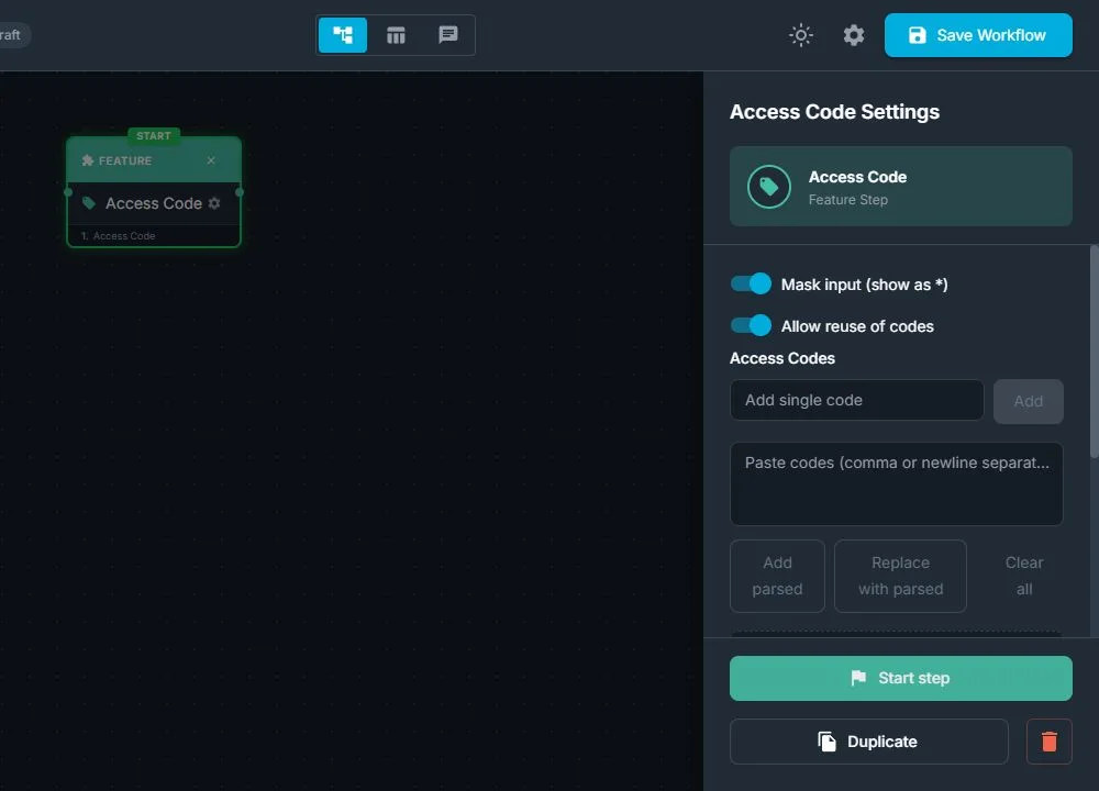 Access Code node with Mask input, Allow reuse, and Access Codes settings visible