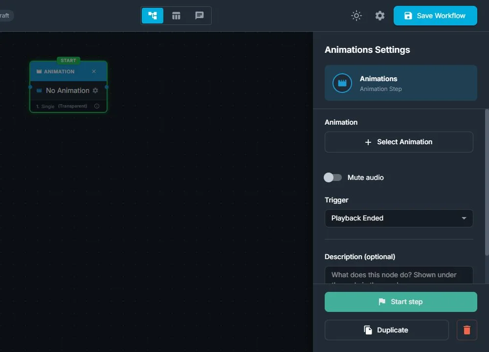 Single Animation node with media, mute, trigger, and playback settings visible