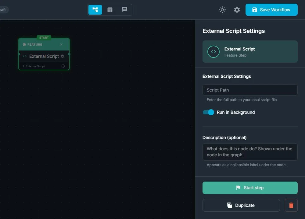 External Script node with script path and Run in Background settings visible