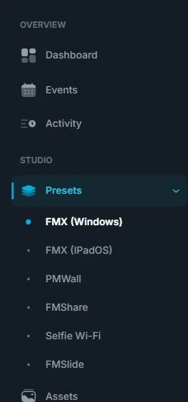 Foto Master Cloud sidebar with Presets expanded and FMX (Windows) selected