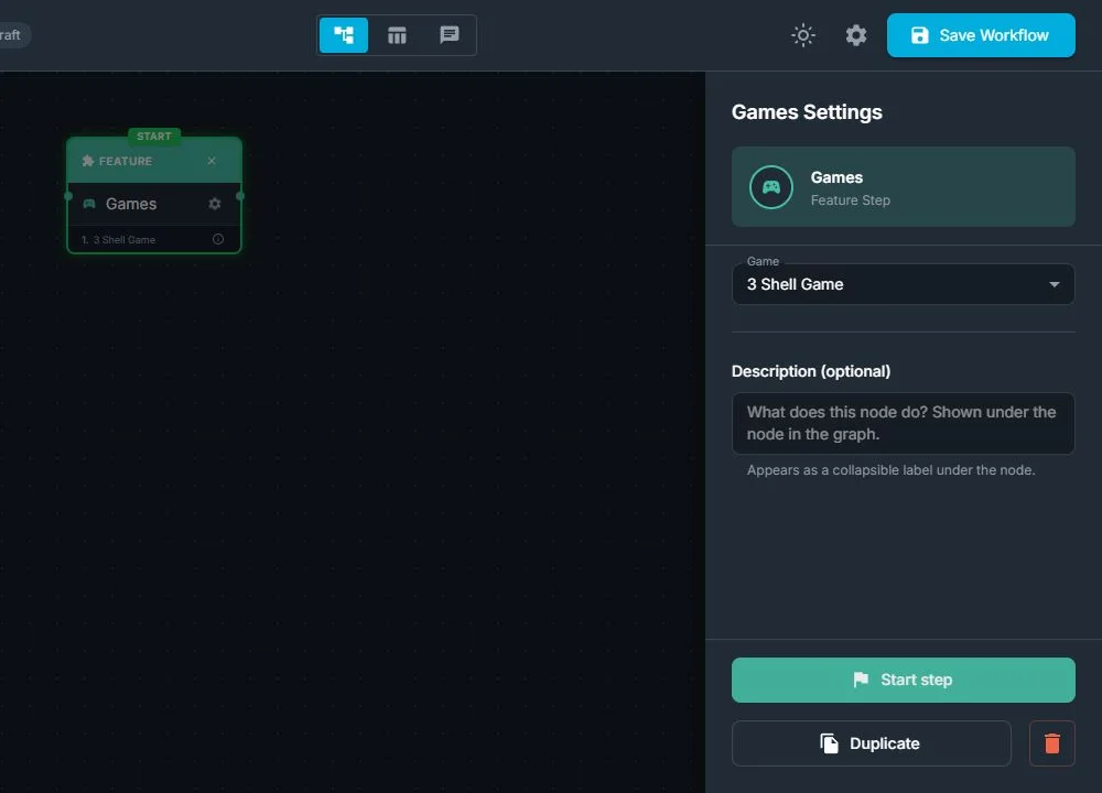 Games node with the game selection dropdown visible