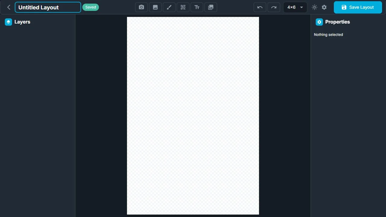 Layout Builder with Layers, a blank 4 by 6 canvas, element toolbar, and Properties panel
