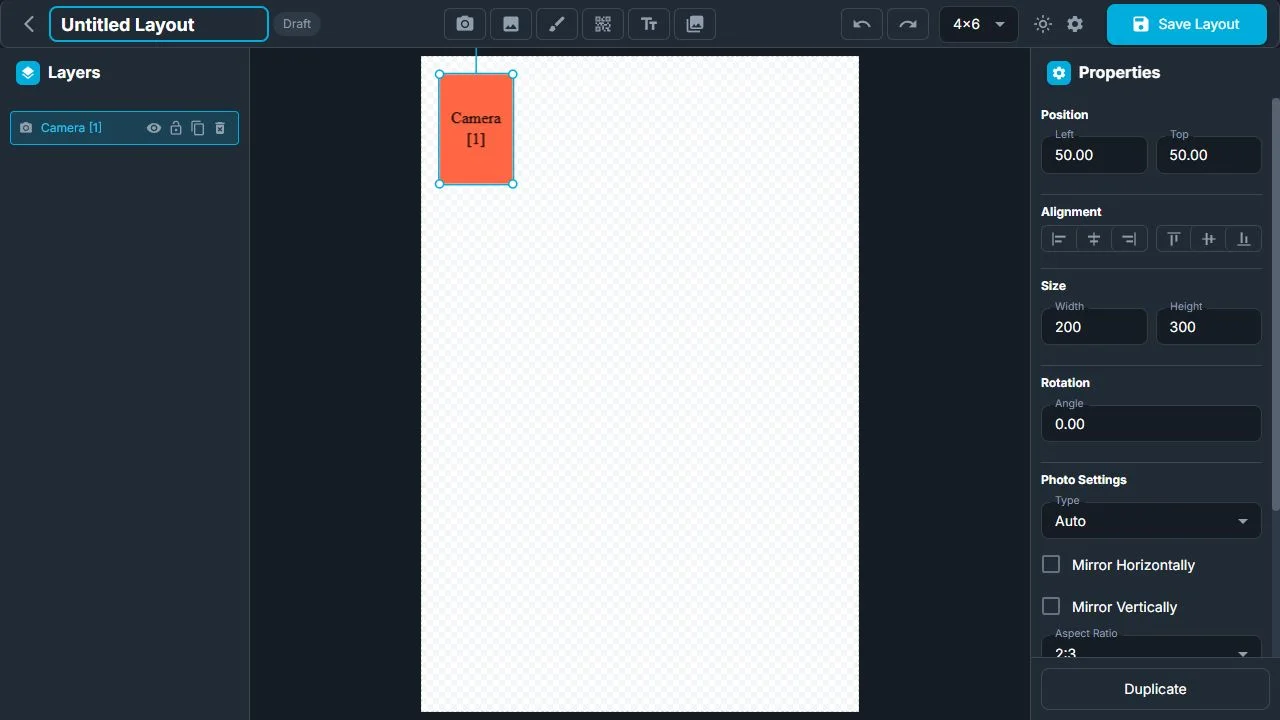 Layout Builder with a Camera element selected and its position, size, alignment, and photo settings visible