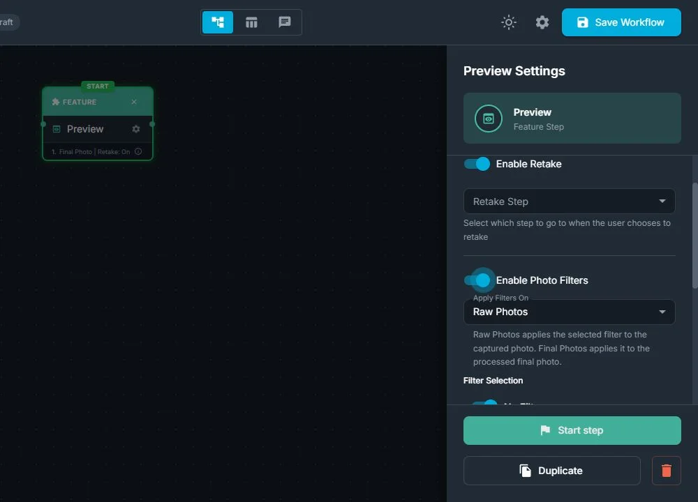 Preview settings with Retake Step and photo filter controls enabled