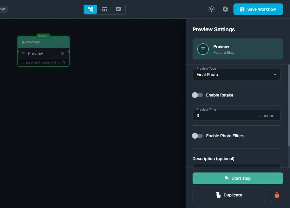 Preview node with Preview Type, Enable Retake, Preview Time, and photo filter settings visible