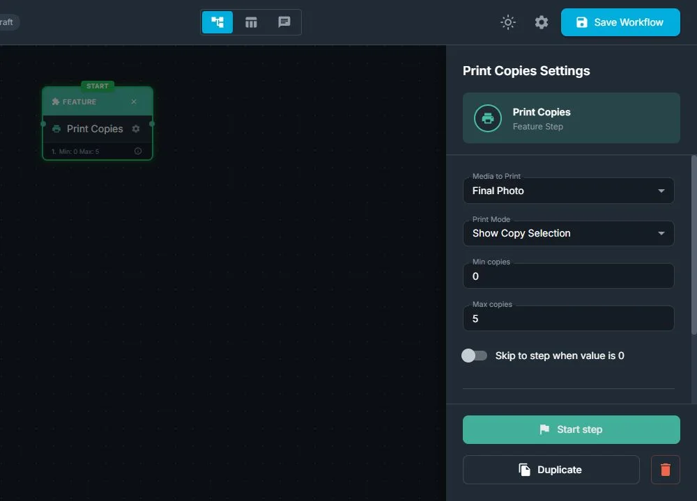 Print Copies node with Print Mode, copy selection, and minimum and maximum copy settings visible