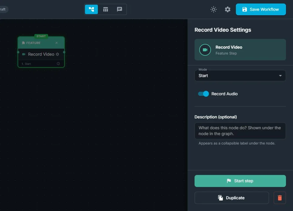 Record Video node with Start mode and Record Audio option visible