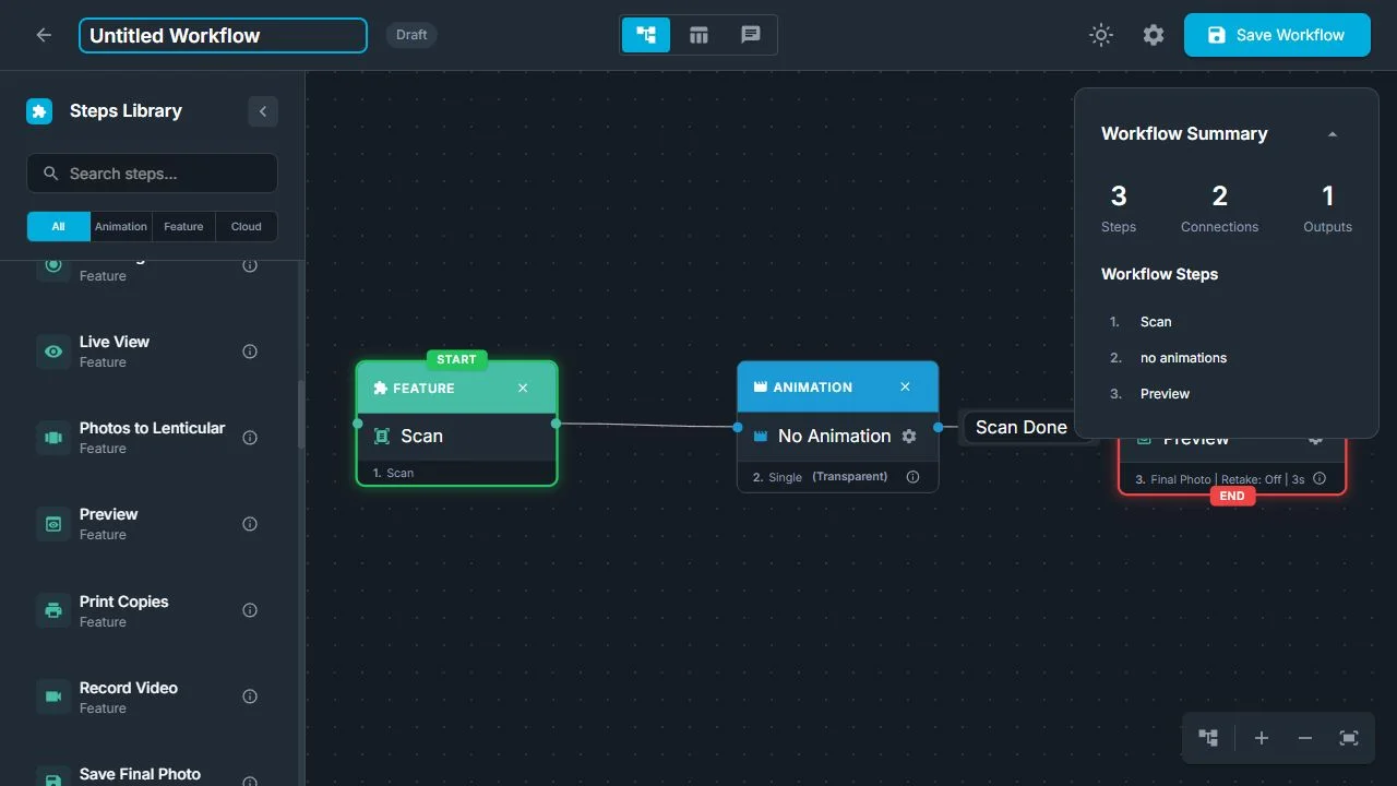 Scan step followed by an animation whose outgoing edge uses the Scan Done trigger