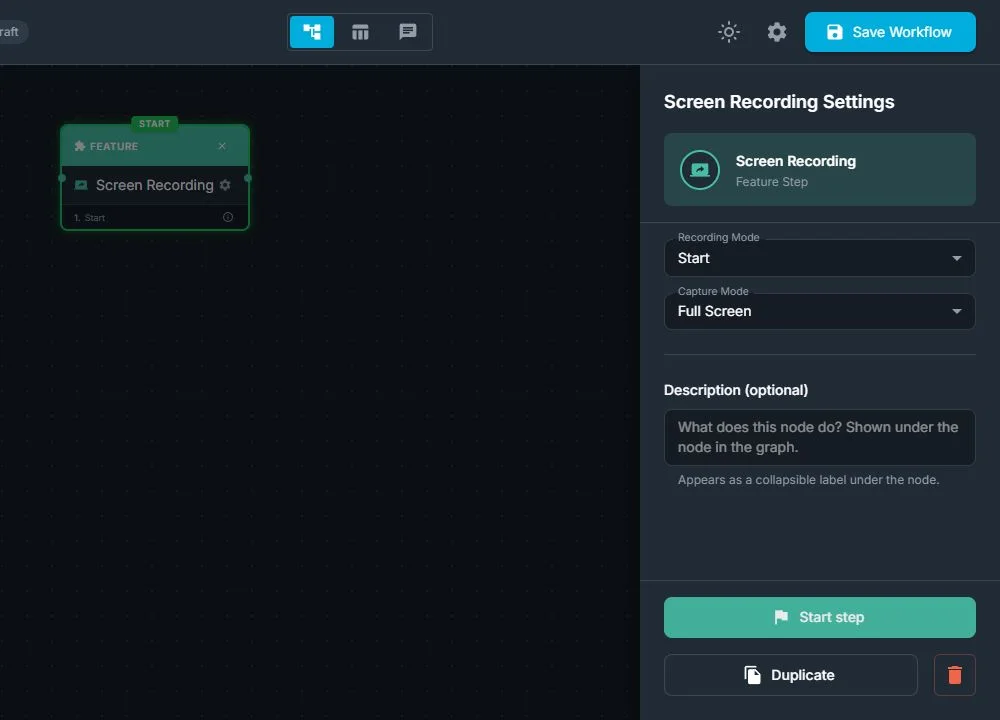 Screen Recording node with Start mode and Full Screen capture area visible