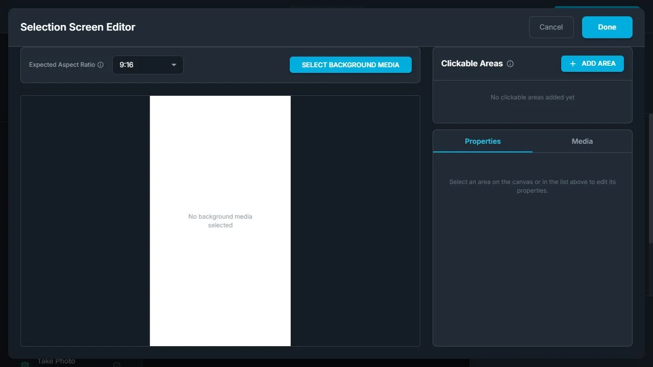 Selection Screen Editor with background canvas, Clickable Areas list, and Properties and Media tabs