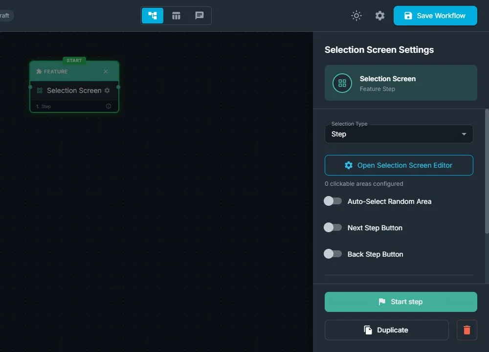 Selection Screen node with Selection Type and Open Selection Screen Editor controls visible
