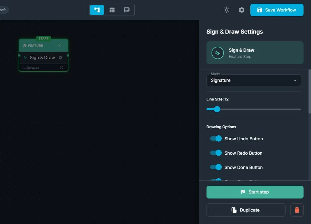 Sign and Draw node with mode, line size, and drawing button options visible