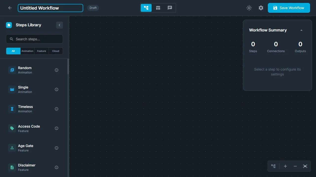 Workflow Builder Steps Library with All, Animation, Feature, and Cloud category tabs