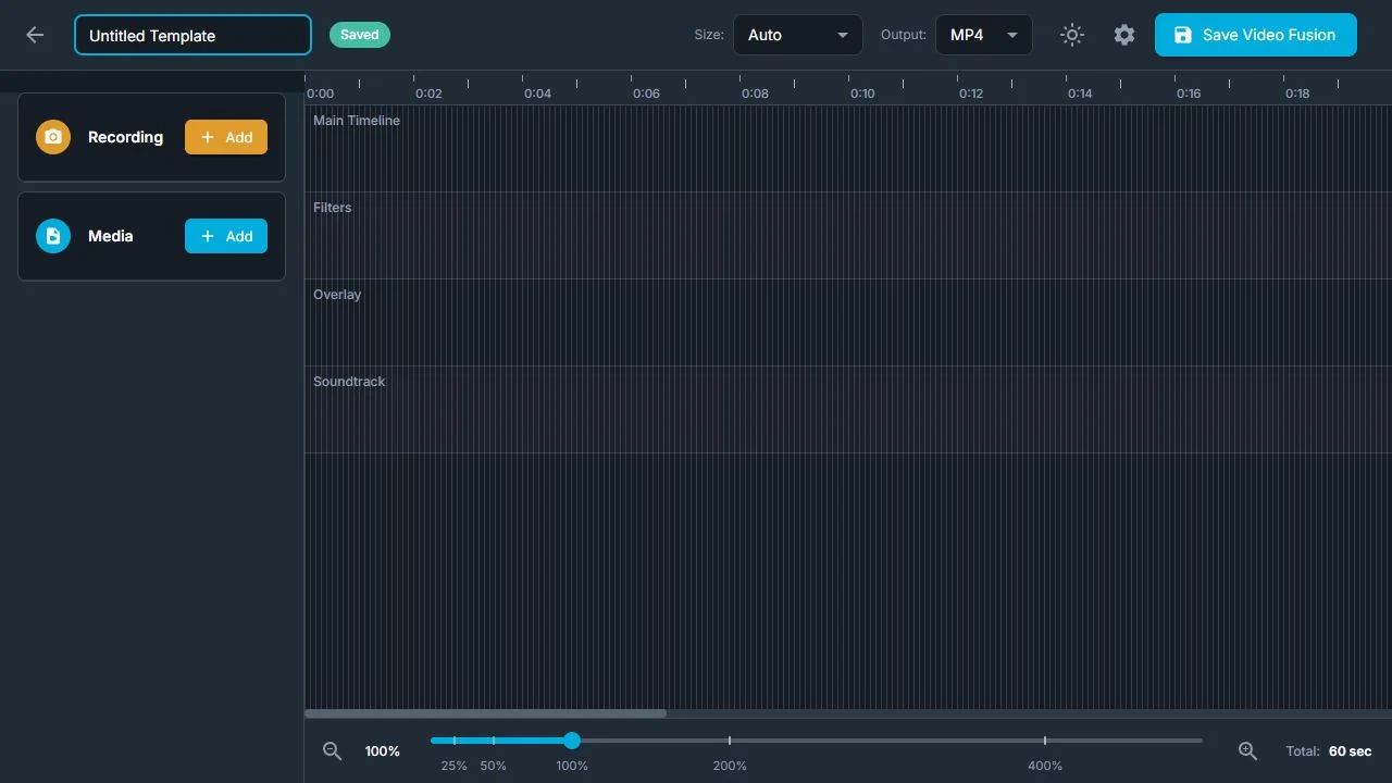 Video Builder with Recording and Media libraries beside a multi-track timeline