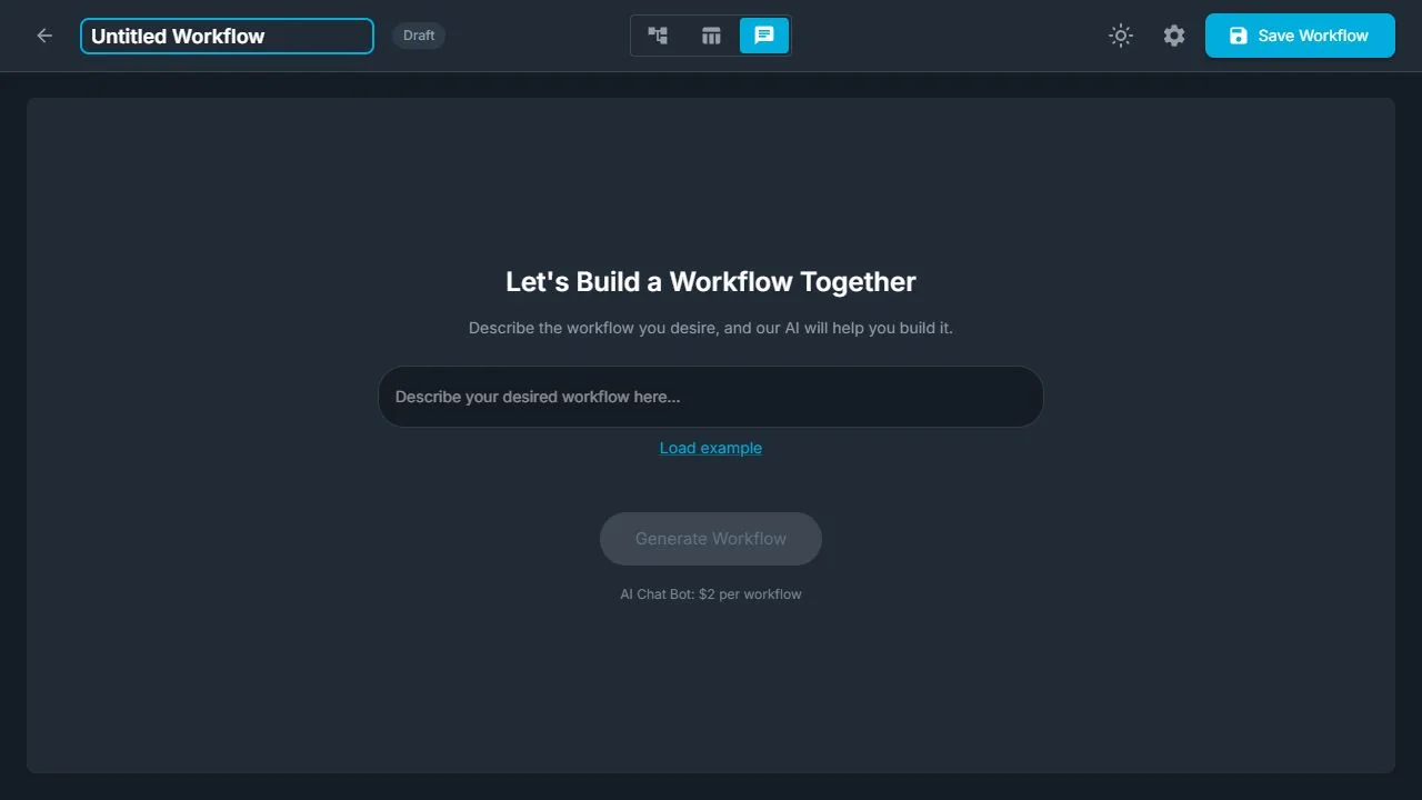 AI view in the Workflow Builder with a workflow description field and Generate Workflow button