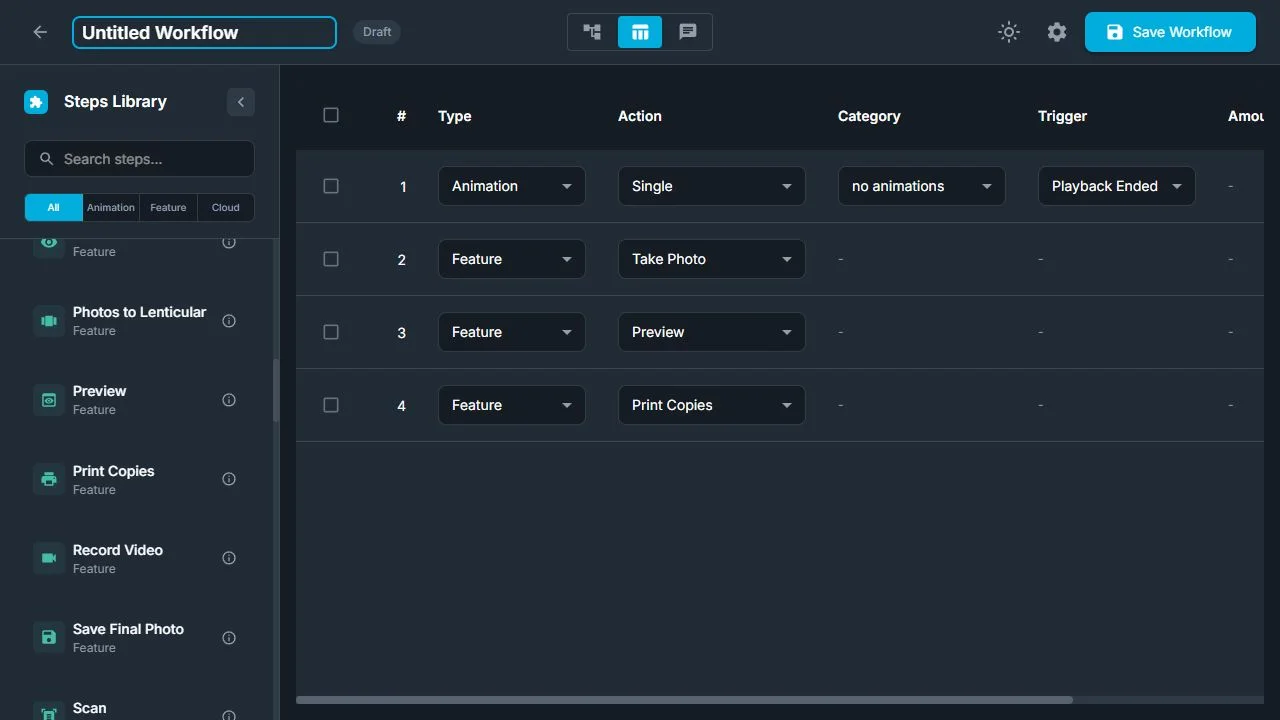 Workflow Builder Table View listing the order, type, action, category, and trigger for four steps